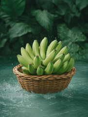 Fresh Green Bananas in a Woven Basket Surrounded by Lush Tropical Foliage