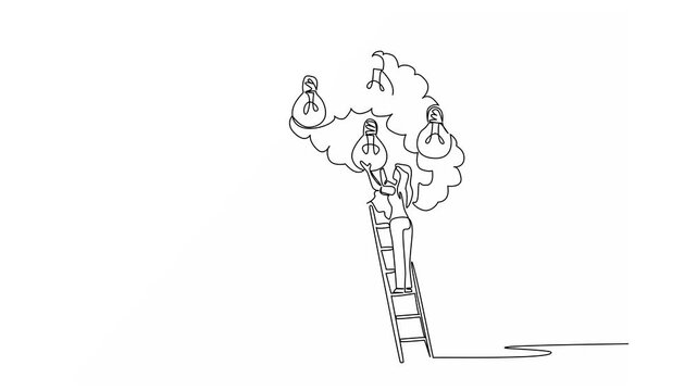 Animation of single continuous line drawing a woman climbs ladder into tree to get lightbulb and sack containing many lightbulbs. Looking for solutions. National Creativity Day. Full length motion