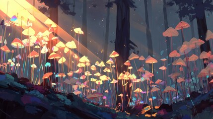 Artistic depiction of a forest scene featuring glowing mushrooms and sunlit ambiance