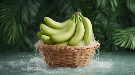 Fresh Green Bananas in a Woven Basket with Water Splash and Tropical Leaves Background