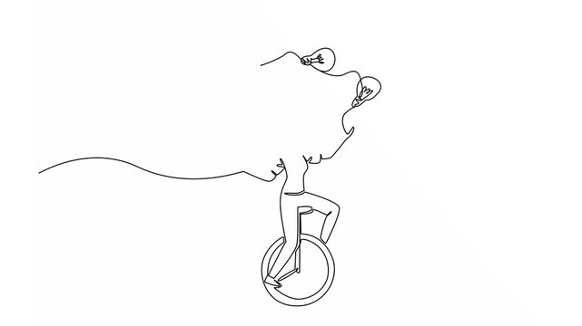 Animation of continuous one line drawing a woman in casual clothes riding unicycle and juggling 5 light bulbs. Sharpen brain by playing balance. National Creativity Day. Full length motion
