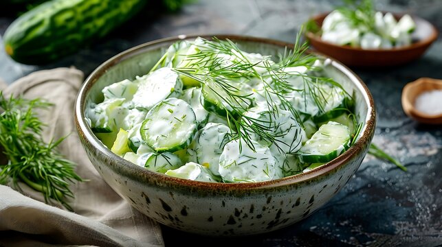 A bowl of tzatziki salad with fresh cucumber and dill on a wooden surface in a close up shot