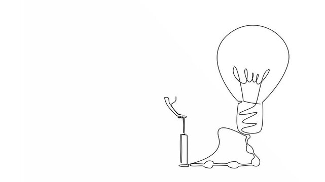 Self drawing animation of single continuous line drawing a woman in casual clothes pumping large lightbulb and air bubbles in the hose. Creative thinking. National Creativity Day. Full length animated
