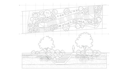 Obraz premium Landscape architecture plan shows garden and stairs design