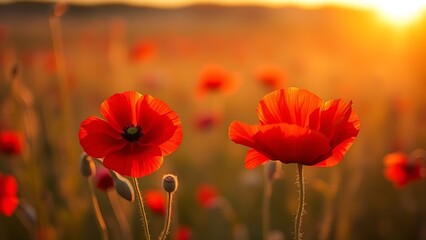 Naklejka premium Lone red poppy blooming in a golden field bathed in the soft light of sunset, evoking tranquility.