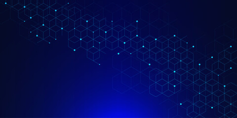 Abstract geometric with digital blocks on dark blue background. Futuristic science, technology, research and medicine concept design. Vector