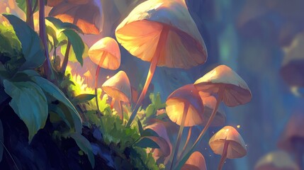 Close up of numerous mushrooms bathed in warm sunlight creating a tranquil forest scene
