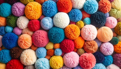 assorted pom poms made from colorful wool in different sizes, craft background texture