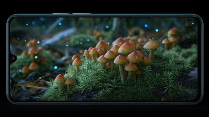 Smartphone displays vibrant animation of mushrooms and moss in a forest setting