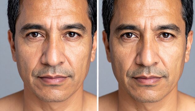 before and after of 50s man face with wrinkles, eye bags, cosmetic procedure and treatment looking younger