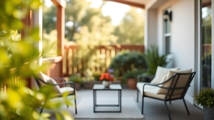 A serene outdoor patio with minimalist furniture, evoking tranquility amidst lush greenery.