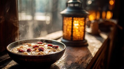 laba. Steaming bowl of Laba porridge with dates and nuts on wooden table. menu design, packaging mockups, designed for culinary blogs and recipe cards for restaurants, supports restaurant marketing.