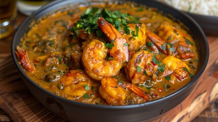 Fototapeta premium A bowl of shrimp stew with spinach and chickpeas served with crusty bread on a wooden board