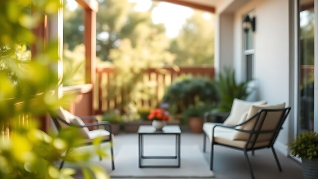 A serene outdoor patio with minimalist furniture, evoking tranquility amidst lush greenery.