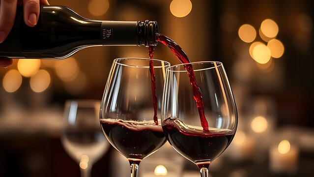 Two wine glasses being elegantly filled from a bottle.