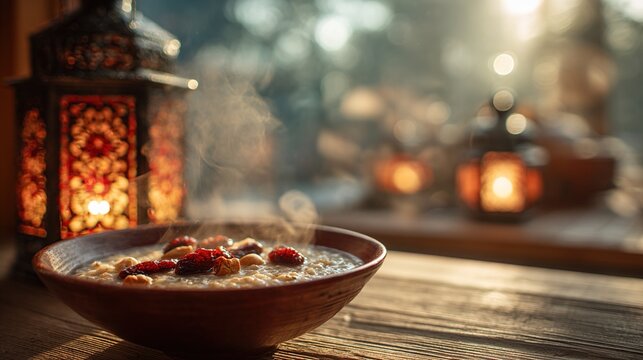 laba. Steaming bowl of Laba porridge with dates and nuts on wooden table. menu design, packaging mockups, designed for culinary blogs and recipe cards for restaurants, supports restaurant marketing.