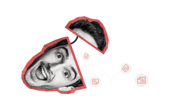 Composite photo collage of astonished man face cut head delete data folder information business paper isolated on painted background