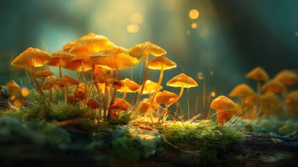 Close up of golden mushrooms growing in a lush green forest setting with soft lighting
