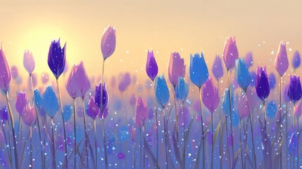 Artistic depiction of colorful tulips in a field under a soft golden sunlight