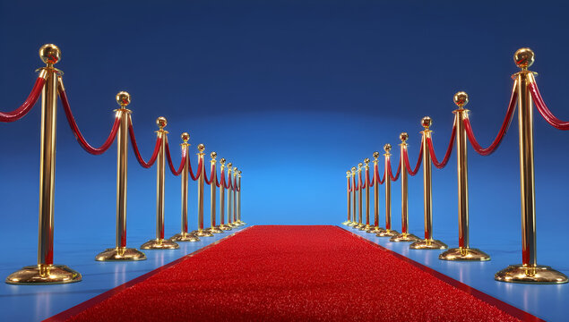 Elegant red carpet with velvet ropes, symbolizing luxury and VIP treatment, ideal for events or celebrations.