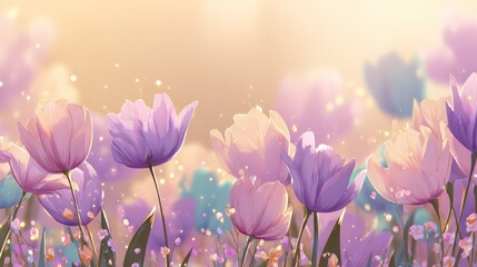 Close up of purple and pink tulip flowers illuminated by golden light