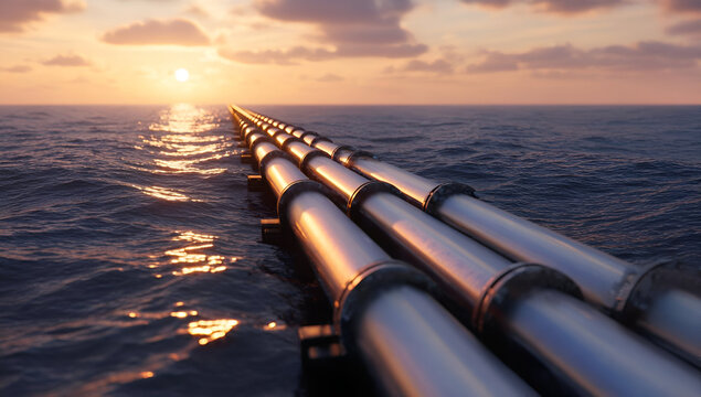 Industrial pipelines stretch across the serene ocean, reflecting the golden hues of a sunset on the horizon.