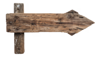 Weathered wooden arrow sign on post on transparent background