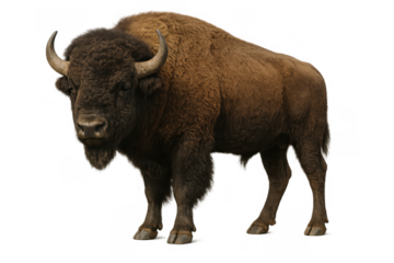 American bison standing, showing its brown fur, horns, and powerful build, on a transparent background