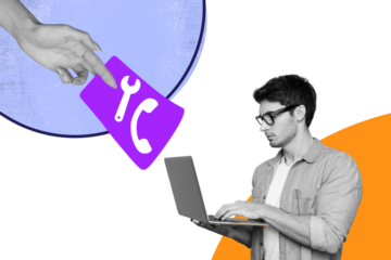 Creative collage picture young man laptop browsing technical support customer helpline expert specialist programmer fix repair