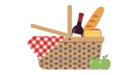 A picnic basket is filled with food and drink, ready for an outdoor meal.