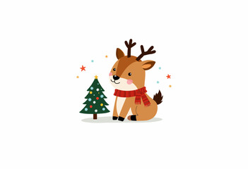 Fototapeta premium Adorable cartoon reindeer in a red scarf sitting next to a decorated Christmas tree with colorful stars in a festive winter illustration on a white background