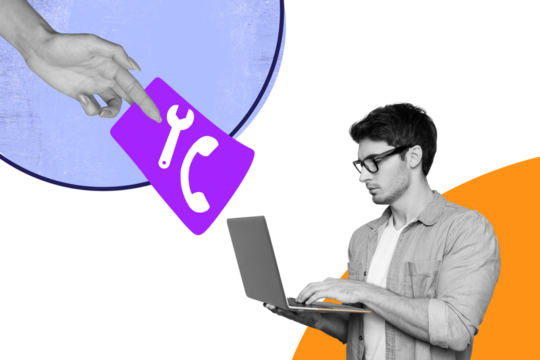 Creative collage picture young man laptop browsing technical support customer helpline expert specialist programmer fix repair