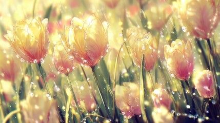 Close up of vibrant yellow tulips with water droplets in a softly lit garden