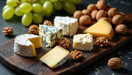 Assorted cheese platter with grapes and walnuts arranged on rustic wooden board. Various cheese types like brie, blue cheese, cheddar served with fresh green fruit and nuts for tasting.