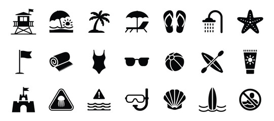 Black silhouette beach icons set representing summer vacation and seaside activities