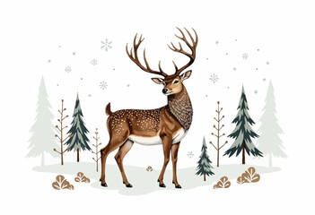 Obraz premium Majestic Deer Standing Gracefully in a Serene Winter Forest Scene with Snowflakes and Evergreen Trees in a Harmonious Nature Illustration