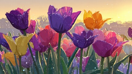 Close up of vibrant colored tulips in a field with gentle sunlight in the background