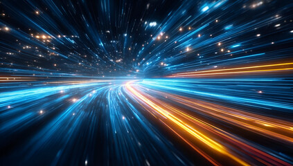 Dynamic bursts of light create a visually stunning effect, reminiscent of speed and motion in a futuristic setting.