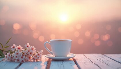 White cup with hot coffee sits on rustic wooden table at sunrise. Small pink, white flowers lie next to mug. Warm light creates peaceful, calm, cozy morning atmosphere. Bokeh lights blur background