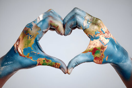 Fototapeta Hands painted with a world map form a heart shape, symbolizing love for humanity and planet preservation.