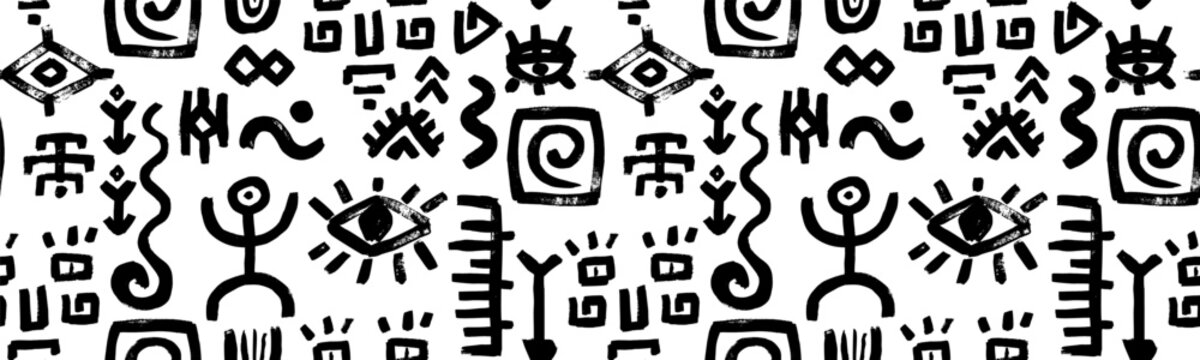 Ethnic african mexican or maya tribal seamless pattern with black human figure, spiral and eye icons. Vector background showing aztec inspired texture perfect for textile, wallpaper, and art prints.