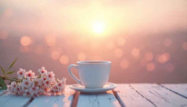 White cup with hot coffee sits on rustic wooden table at sunrise. Small pink, white flowers lie next to mug. Warm light creates peaceful, calm, cozy morning atmosphere. Bokeh lights blur background - Powered by Adobe