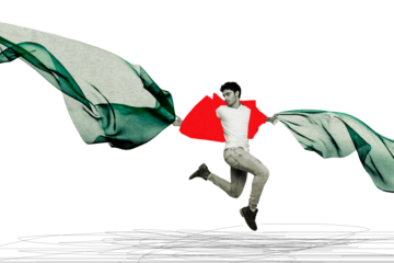 Composite photo collage of calm handsome guy jump wear casual cloth closed eyes dance performance isolated on painted background