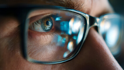 Close-up view of a person's eye behind glasses, showcasing detailed patterns and reflections, highlighting focus and vision.