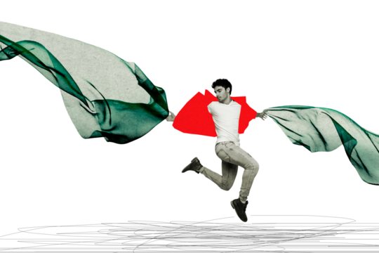 Composite photo collage of calm handsome guy jump wear casual cloth closed eyes dance performance isolated on painted background - Powered by Adobe