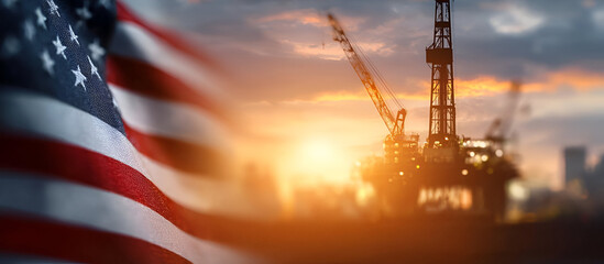 Dramatic sunset over an oil rig with an American flag, symbolizing energy and patriotism in the industrial sector.
