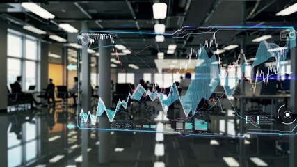 Futuristic office scene with holographic financial graphs, captured from a low-angle. The video style emphasizes technology and innovation. - Powered by Adobe