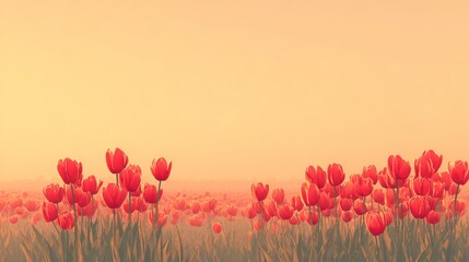 Field of red tulips in bloom against a soft golden hued sky during the day