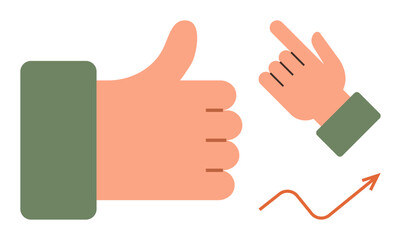 Large green thumbs up, smaller pointing hand, upward rising arrow. Ideal for approval, growth, success, feedback, business achievement decision-making. Simple flat metaphor