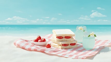 Summer beach picnic with sandwiches fruits and drinks